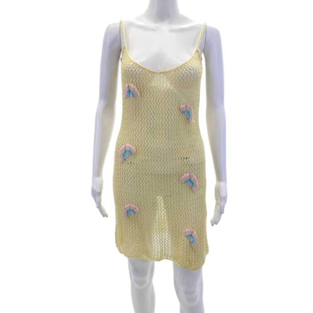 Stephanie Gottlieb Women's Spaghetti Straps Open Knit Mini Dress Beige Size S